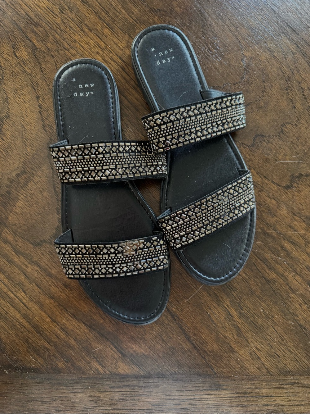 a new day Black Slide Sandals with Metallic Beaded Straps